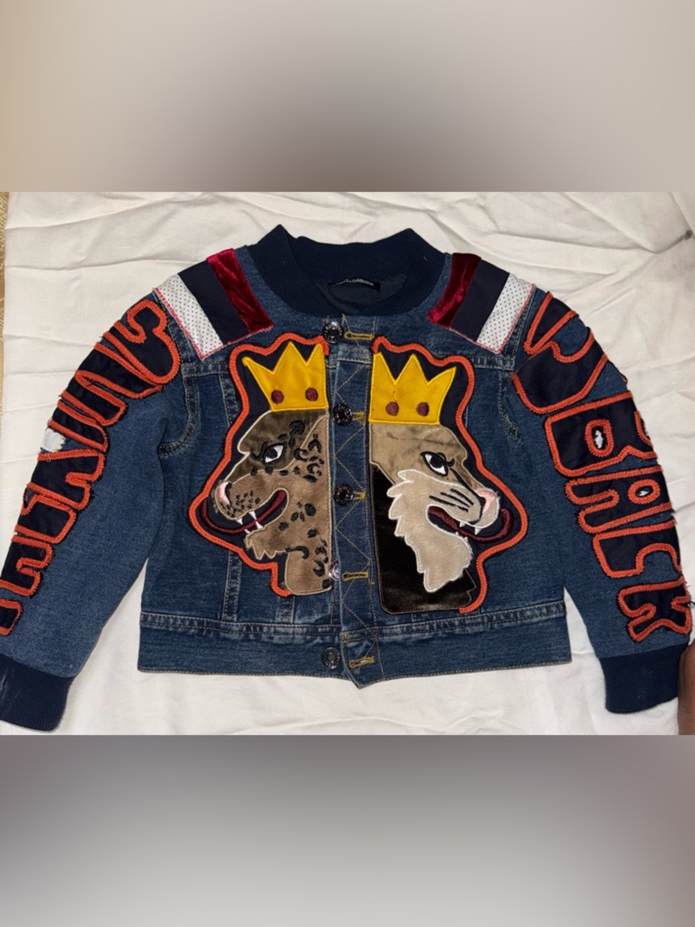 Dolce & Gabbana Kids Navy Denim Jacket with Multicolor Appliqué Lions